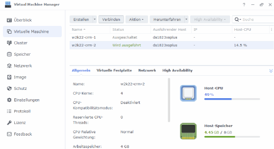 Abbildung 1: Übersicht im Synology Virtual Machine Manager mit laufenden und gestoppten virtuellen Maschinen sowie aktueller CPU- und Speicherauslastung des Hosts.