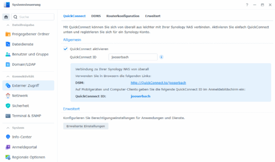 Abbildung 7: Aktivieren von QuickConnect auf dem Synology-NAS.