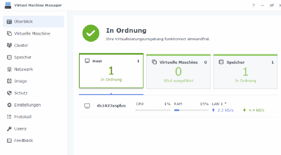 Abbildung 3: Übersichtsseite des Virtual Machine Managers, die den korrekten Status von Host, Speicher und Virtualisierungsumgebung bestätigt.