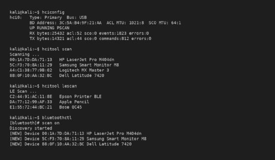 hciconfig, hcitool und bluetoothctl im Kali Linux für die Bluetooth-Analyse