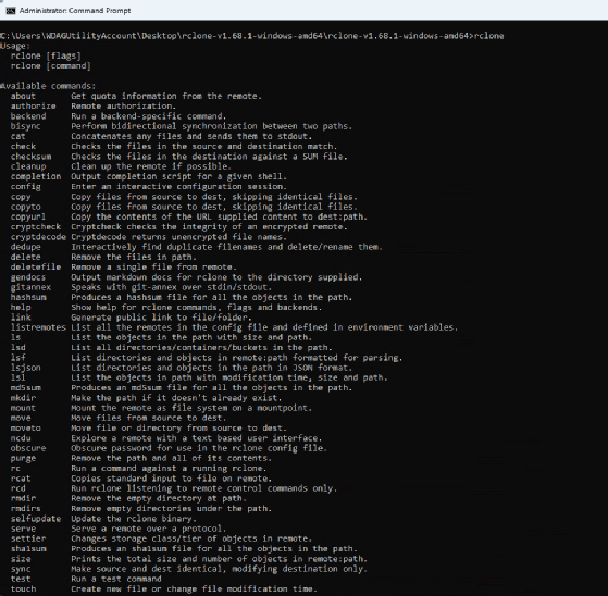 Abbildung 2: rclone zeigt nach dem Start die verfügbaren Befehle und dient hier als Ausgangspunkt für die Konfiguration einer Nextcloud-Anbindung per WebDAV.