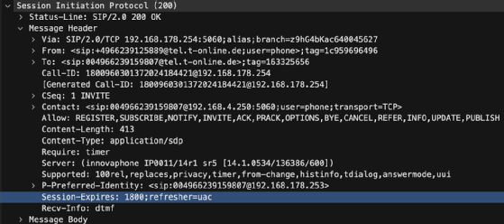 Wireshark-Screenshot: 200-OK-Nachricht als Reaktion auf den initialen SIP-INVITE.