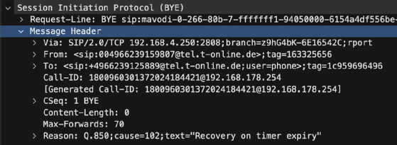 Wireshark-Screenshot: Anrufbeendigung über ein SIP-BYE.