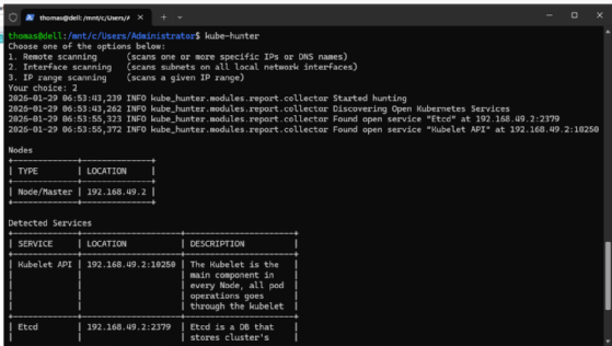 Abbildung 3: Das Tool kube-hunter scannt einen Kubernetes-Cluster.