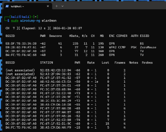Mit Airmon-ng die Netzwerküberwachung starten.
