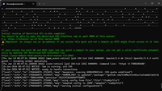 Abbildung 2: Das Terminal meldet den erfolgreichen Start von Nextcloud All-in-One und zeigt, dass das AIO-Interface über Port 8080 erreichbar ist.