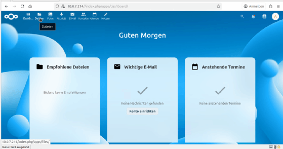 Abbildung 1: Die Weboberfläche von Nextcloud zeigt das Dashboard und den Zugriff auf Dateien, Aktivitäten, E-Mail, Kontakte, Kalender und Notizen.