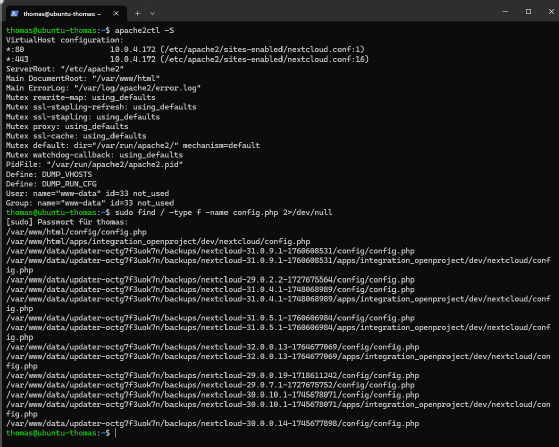 Abbildung 3: Die Konsole zeigt die aktiven Apache Virtual Hosts und listet die gefundenen config.php-Dateien der Nextcloud-Installation auf.