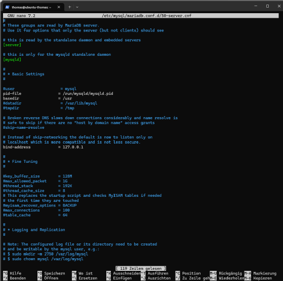 Abbildung 5: Die Konfigurationsdatei von MariaDB zeigt zentrale Parameter wie bind-address, key_buffer_size, max_allowed_packet und max_connections.