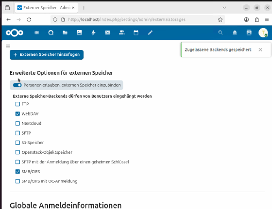Abbildung 3: Externer Speicher lässt sich an Nextcloud anbinden. 
