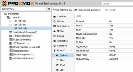 Proxmox-VE-Firewall für einzelne VMs setzen.