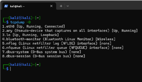 Erreichbare Capture-Interfaces mit tcpdump anzeigen.