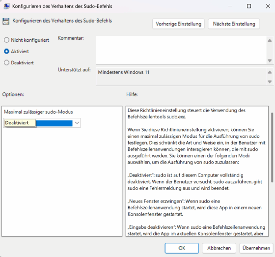 Per Gruppenrichtlinie können Admins sudo deaktivieren.