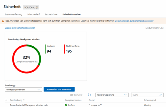 Sicherheitsbaselines lassen sich auch über das Windows Admin Center umsetzen und überwachen.