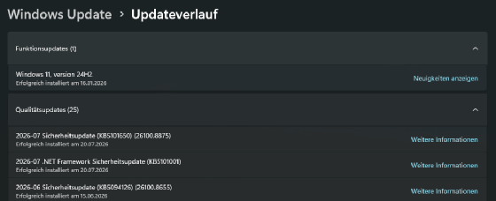 Die klassischen monatlichen Sicherheitsupdates finden sich im Updateverlauf unter den Qualitätsupdates, neue Versionen von Windows 11 wie etwa 24H2 oder 25H2 sind unter Funktionsupdates zu finden.