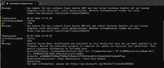 Per PowerShell kann man sich den Status der Aktualisierung der Boot-Zertifikate ausgeben lassen.