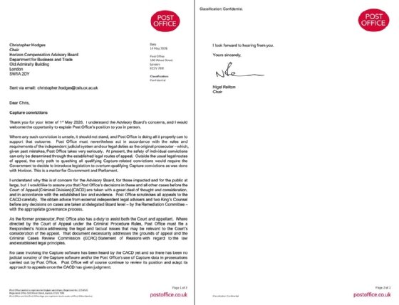Image shows Nigel Railton’s letter of response to Christopher Hodges in full