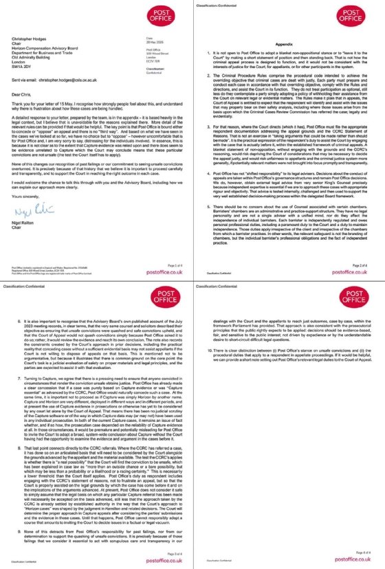 Photo shows Nigel Railton’s 28 May letter to Christopher Hodges in full