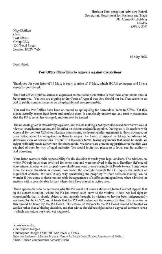 HCAB letter to Post Office chair Nigel Railton