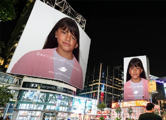 Photo shows Dove advert with #ChangeTheCompliment messaging
