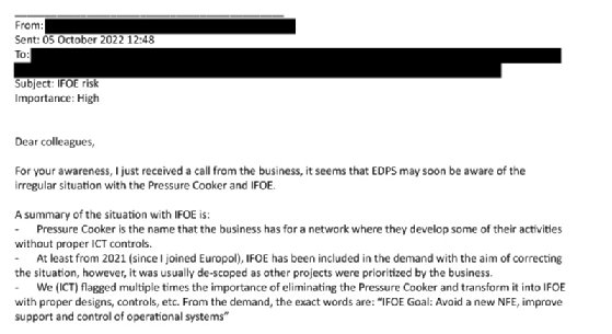 Redacted copy of email sent by a member of staff at Europol