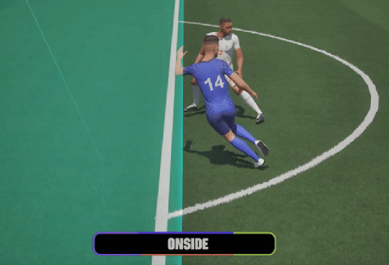 A digital image of two football players’ 3D avatars used in VAR replay to judge whether a player was onside or offside. The text onscreen reads ‘onside’. 