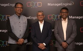 Photo shows, from left to right, Rajesh Ganesan, CEO of ManageEngine; Shailesh Davey, co-founder and CEO of Zoho Corporation; and Hyther Nizam, president of Zoho – Middle East and Africa