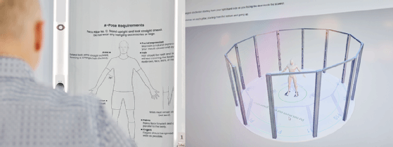 Photo 1 shows a man facing the instructions for ‘A-pose requirements’ so that he can be accurately scanned in the booth that will take measurements and images of him to create his 3D avatar. Photo 2 shows a digital replication of the booth and the positions of the cameras.
