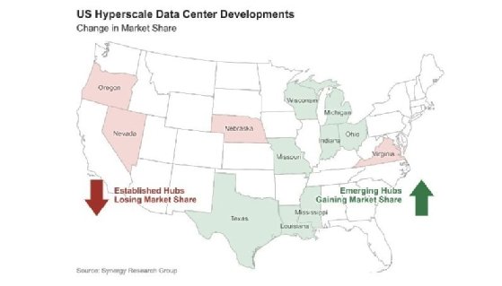 Map of the US showing US datacentre developments