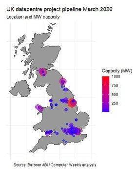 Map shows locations of planned datacentre builds in the UK.