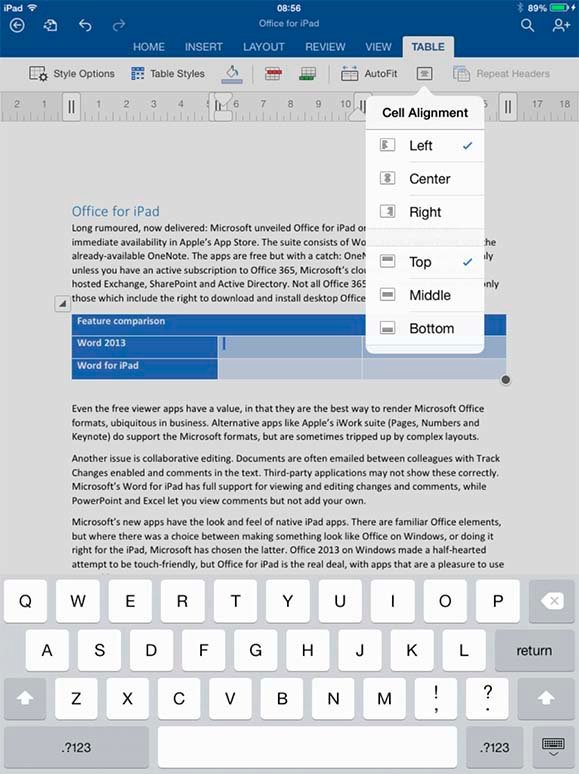 Word for iPad interface
