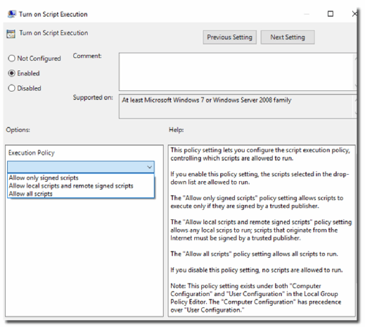Konfiguration der PowerShell-Ausführungsrichtlinie über Gruppenrichtlinien.